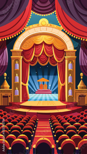 Colorful illustration of an empty theatre stage with red curtains and rows of seats.