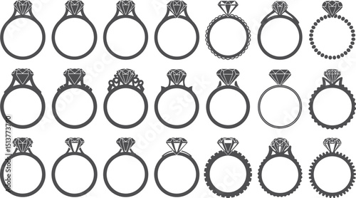 A collection of eighteen different diamond ring designs in a simple black and white vector illustration