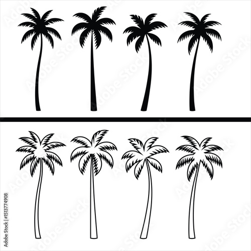 tropical palm tree silhouette and outline icons collection for summer, beach, vacation, travel, and nature themes