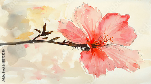 A pink flower is painted on a white background