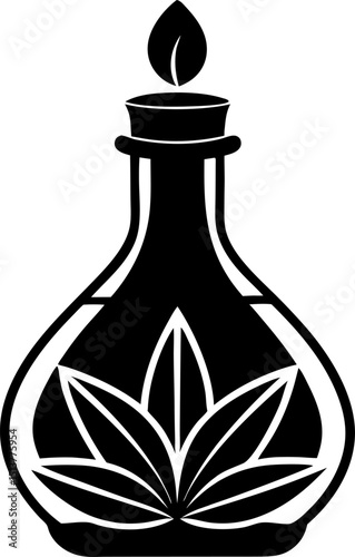 Black and white vector illustration of a decorative flower vase with glass bottle elements