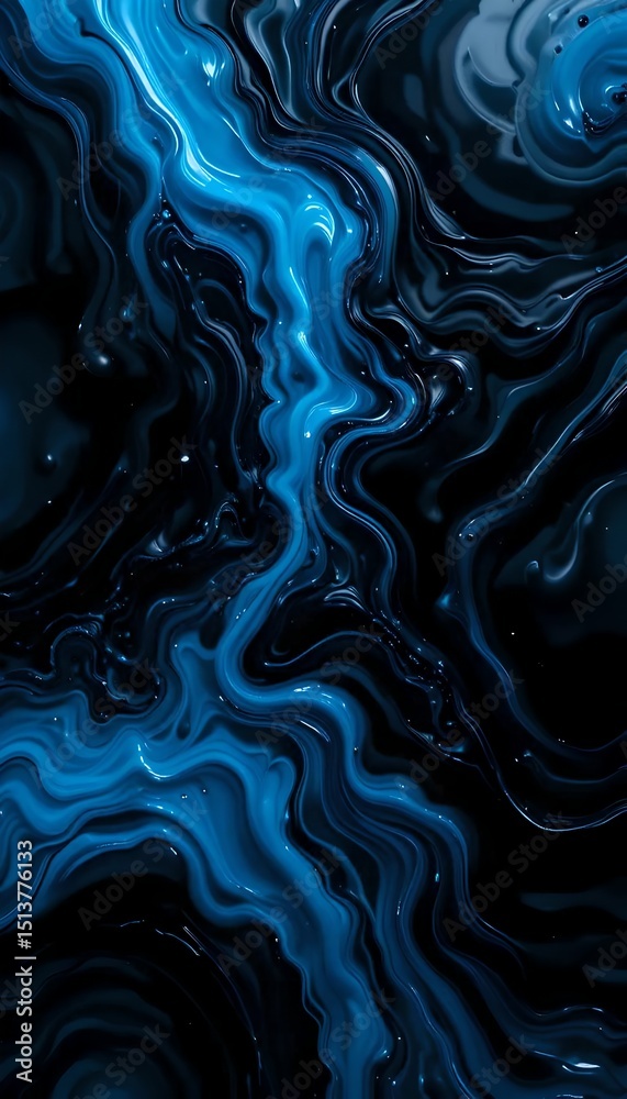 Obraz premium Abstract blue and black liquid swirls textured background.