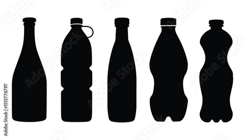 Set of Plastic and Glass Bottle Silhouettes Isolated on White Background