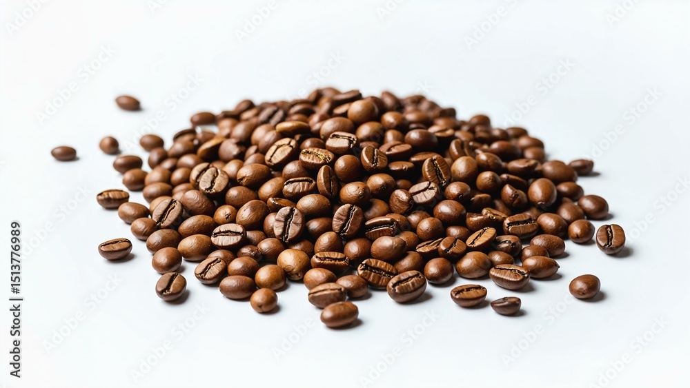 Obraz premium Neatly arranged pile of roasted coffee beans on a clean white background