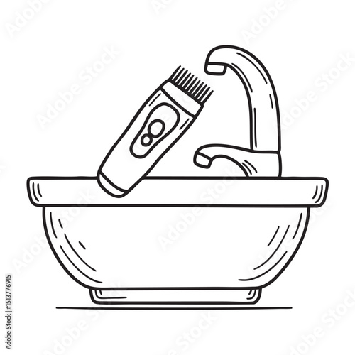 A beard trimmer resting on a bathroom sink