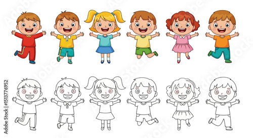 Happy Kids Cartoon and Coloring Page Set – Children Jumping Vector Illustration for Education and Activity Sheets