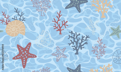 Seamless marine pattern with starfish, corals, seashells and waves. Nautical summer background for fabric, packaging, beachwear and kids' design. Flat style, pastel palette.