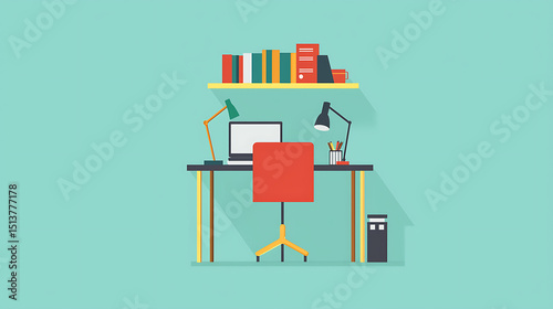 A desk with a red chair and a laptop