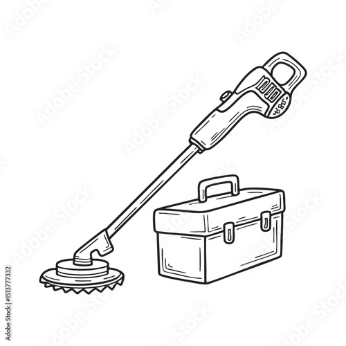 A grass trimmer with blade beside a toolbox