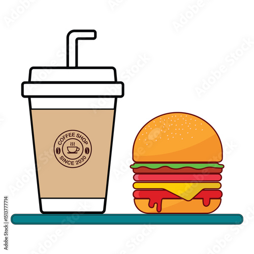Delicious Burger and Hot Coffee – Tasty Fast Food Combo Vector Illustration for Cafe, Restaurant, or Delivery Design.