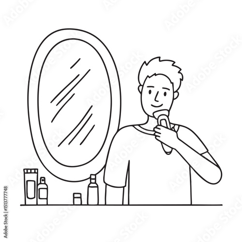 A man using beard trimmer near a bathroom mirror