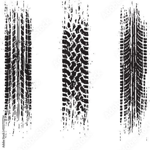 Tire trace track, wheels braking distances, tread silhouettes brushes, isolated car or motorcycles vector trails
