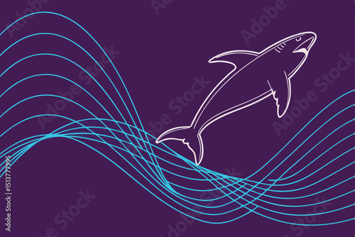 Dynamic 3D line wave pattern, floating over deep purple and indigo background, futuristic look