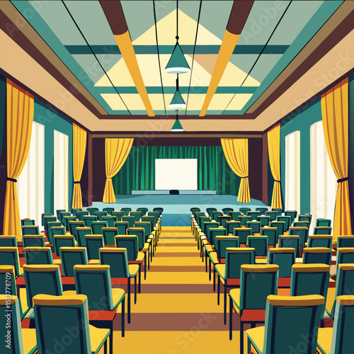 Elegant illustration of a conference room prepared for an event or presentation