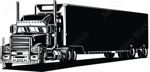 Powerful semi truck with large trailer in black and white, designed for heavy freight and long-haul transport on highways.