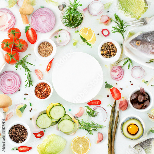 set of fresh vegetables with empty plate