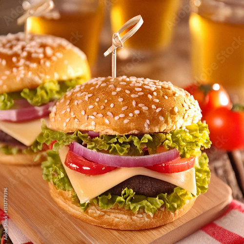 hamburger on a wooden table