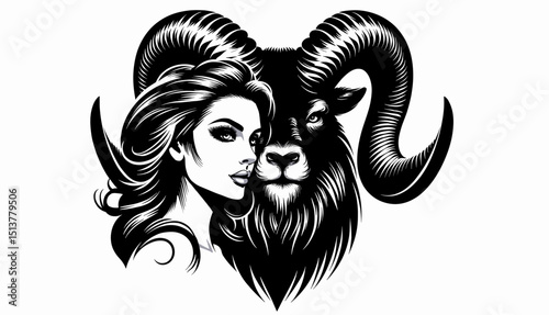 Woman with Capricorn in bold black and white vector illustration, Capricorn zodiac sign