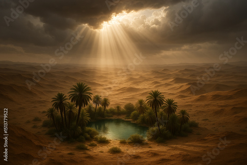 Volumetric sunlight shines through clouds on an oasis in desert, a blessing gem in the middle of nowhere