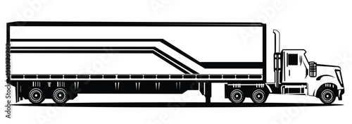 Side view of a semi truck with a large enclosed trailer, used for long-distance cargo transport on highways.