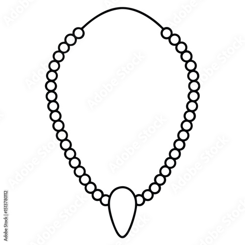 Simple black and white line art icon of a beaded necklace with a teardrop pendant
