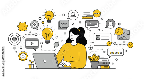 Social network concept: businessman with laptop, speech bubbles, and cloud communication icons illustrating global internet connection and data exchange