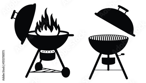 Barbecue Grill Vector Icon Set. Outdoor Cooking BBQ with Flames and Lid.