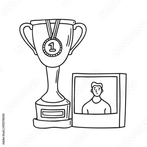 A trophy near a photo frame with medal