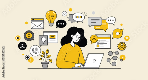 Young woman with laptop, a business icon illustrating modern technology and communication