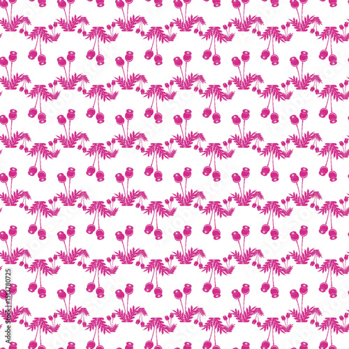 Pink Botanical Pattern Featuring Flowers and Ferns on a White Background