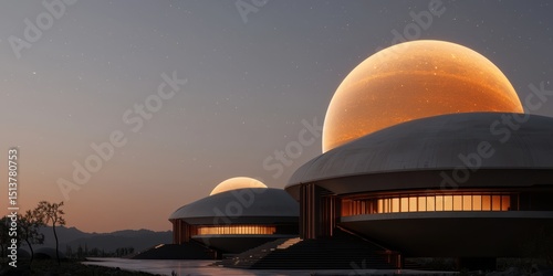 Wallpaper Mural economy trade efficiency concept. Futuristic buildings under a large orange moon at twilight. Torontodigital.ca