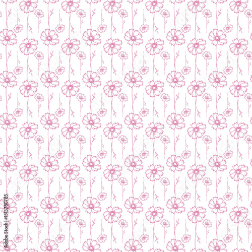 Pink Floral Pattern With Hand-Drawn Flowers on White Background