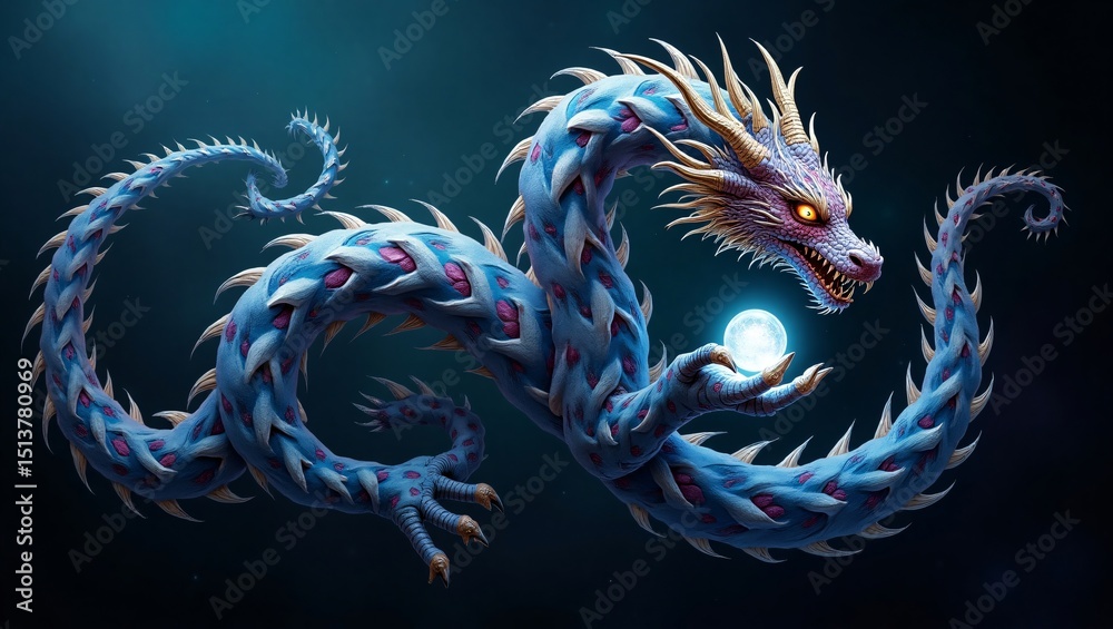 Obraz premium Majestic blue dragon holding glowing orb fantasy art