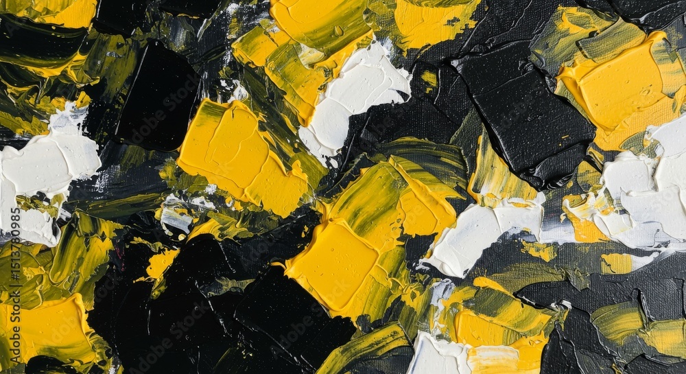 Fototapeta premium Abstract Yellow Black White Painting - Impasto abstract art featuring bold strokes of yellow, black, and white paint. Textured and vibrant