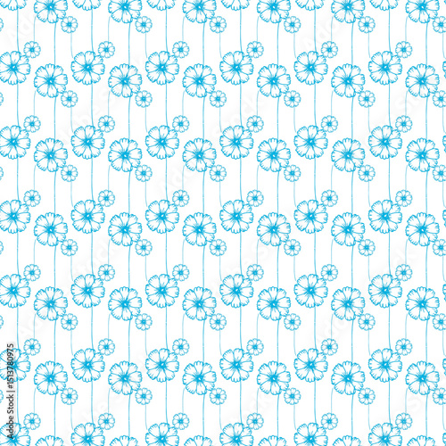 Seamless Blue Floral Pattern with Delicate Stylized Daisy Blossoms on White Background