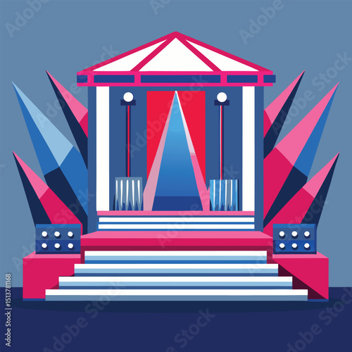 Geometric stage design with red curtains and abstract triangular shapes in vector style