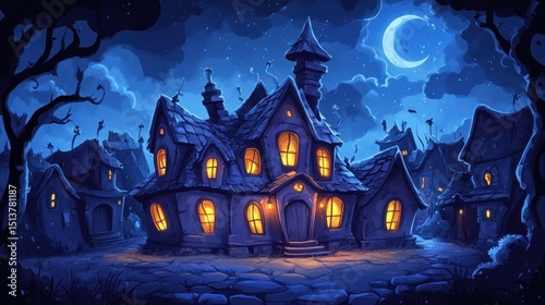 Spooky haunted house at night