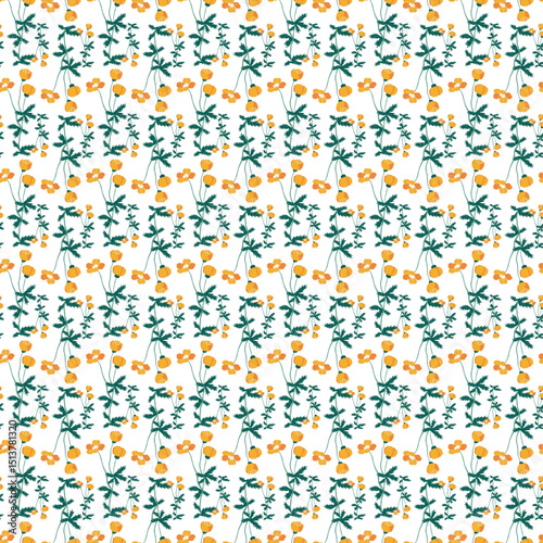 Seamless Pattern of Bright Yellow Floral Motifs on White Background