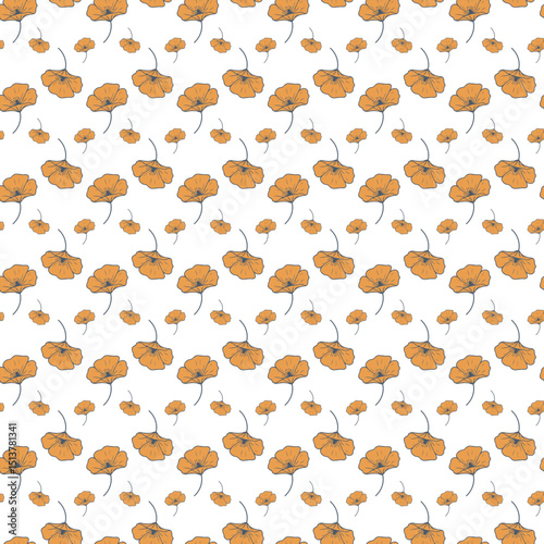 Seamless Pattern of Hand-Drawn Orange Flowers on White Background