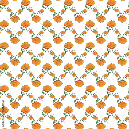 Seamless Pattern of Vibrant Orange Flowers with Green Stems on White Background
