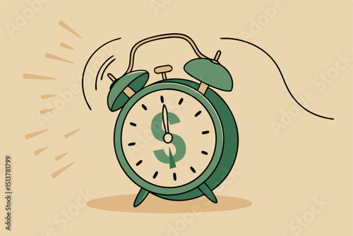 Time for money, making profit from investment, promotion alert for bargain deal, bill payment or deadline to start building wealth concept, ringing alarm clock with dollar money sign on clock face.