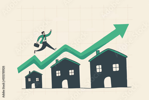Housing price rising up, real estate or property growth concept, businessman running on rising green graph on house roof.
