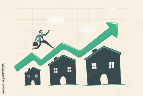 Housing price rising up, real estate or property growth concept, businessman running on rising green graph on house roof.