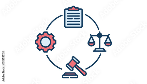 Legal Process Icons Vector. Justice Scale, Gavel, Law Gear, and Clipboard Illustration.