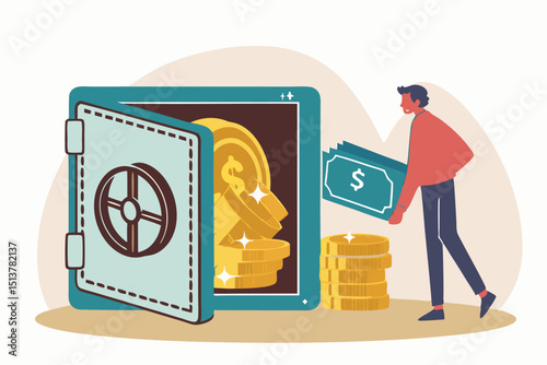 Alternative financial assets, crypto currency bitcoin, cash and gold for investment retirement plan concept, businessman investor standing with security safe with full of cash, gold and bitcoin inside