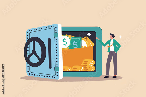 Alternative financial assets, crypto currency bitcoin, cash and gold for investment retirement plan concept, businessman investor standing with security safe with full of cash, gold and bitcoin inside