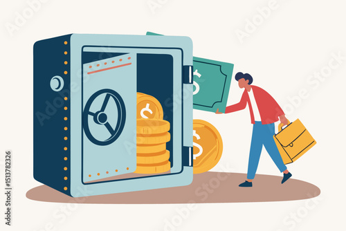Alternative financial assets, crypto currency bitcoin, cash and gold for investment retirement plan concept, businessman investor standing with security safe with full of cash, gold and bitcoin inside