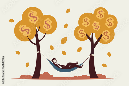 Passive income, earning with no effort by make profit or dividend from investment and achieve financial freedom concept, happy rich businessman sleeping in hammock tied on money tree with dollar coins