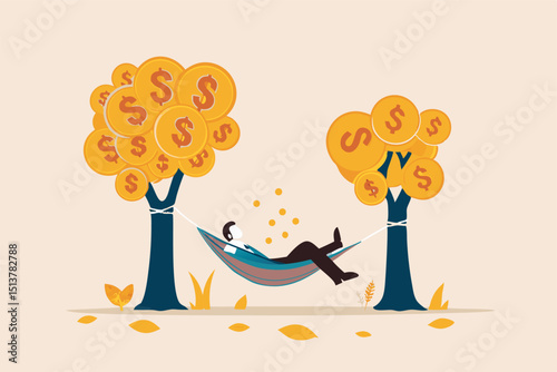 Passive income, earning with no effort by make profit or dividend from investment and achieve financial freedom concept, happy rich businessman sleeping in hammock tied on money tree with dollar coins