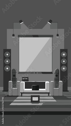 Modern home theater room interior design with projector screen and audio speakers
